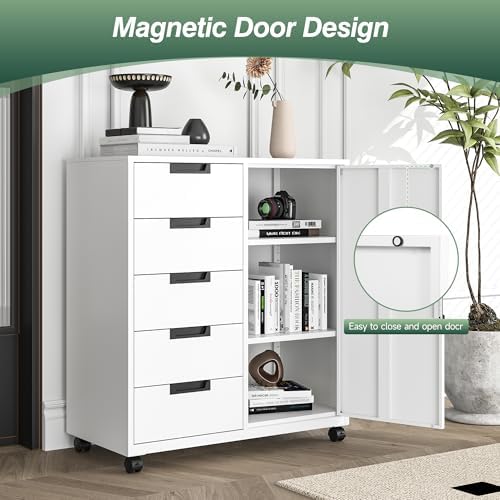 MIIIKO 5 Drawer Storage Cabinet with Door and Shelf, Mobile Lateral Cabinet on Wheels, Office Small Organizer Printer Stand, White File Cabinets - Image 5