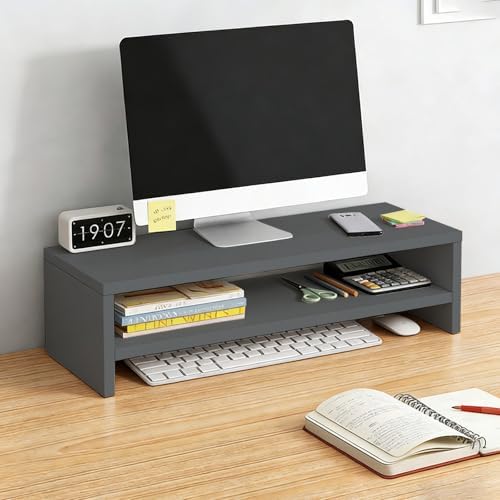 Solid Wood Monitor Stand Riser & Laptop Stand Desk Organizer - Office Accessories for PC Workspace, Computer Organization, Countertop Hutch Dark Grey 19.7x7.9x5.2in by Unknown