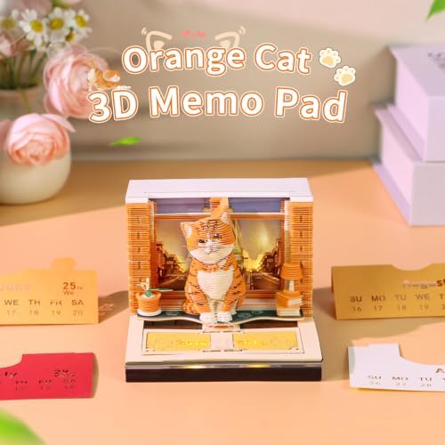 3D Memo Pad Time Piece Calendar 2027, 3D Tear-Off Art Desk Calendar 2027, Creative 3D Memo Pad Paper Art Tree House DIY Paper Carving Decoration (Big Orange Cat) - Image 2