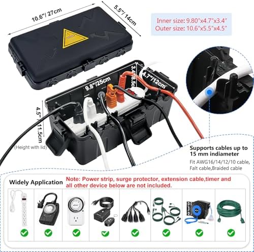 Hrensaw Medium Outdoor Electrical Box(10.6x5.5x4.5inch),Weatherproof Connection Box w/6 Cable Entry,IP54 Waterproof Extension Cord Cover Protect Power Strip,Timer,Plug,Holiday Lights,Black (Pack of 2) - Image 2