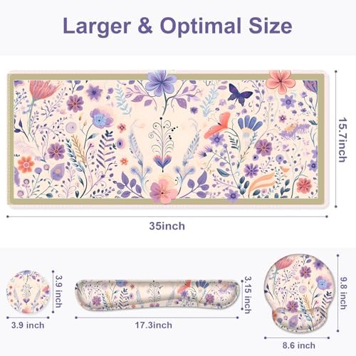 Cute Desk Mat, 4in1 Large Mouse Pad with Wrist Rest, Desk Matt for Desktop, Deskpad Mat, Anti-Slip XXL Computer Ergonomic Mousepad with Wrist Support for Keyboard and Mouse I Retro Purple Floral - Image 3