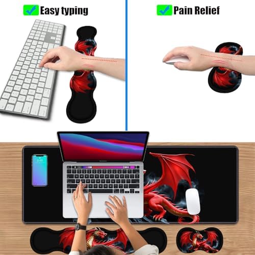 4 in 1 Ergonomic Keyboard Wrist Rest & Mouse Pad Wrist Rest Set, Large XXL Gaming Desk Mat 31.5"x 11.8" with Non-Slip Base, Memory Foam for Home Office Study Gaming, Red Dragon - Image 6