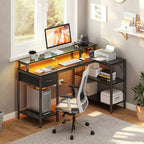 OLIXIS 47 Inch L Shaped Gaming Desk with LED Lights, Storage Shelves - Image 3