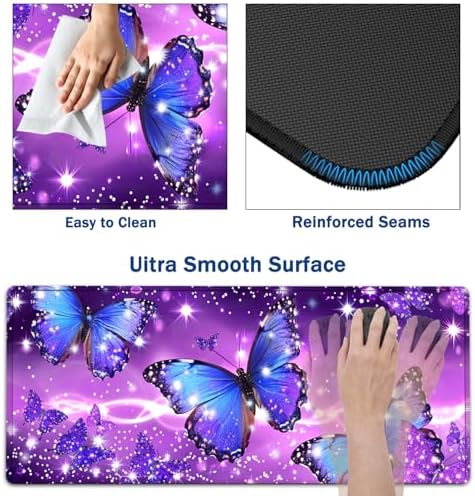 Large Mouse Pad + Keyboard Wrist Rest Set, Extended Gaming Mousepad (31.5X11.8 inch) with Non-Slip Rubber, Ergonomics Memory Foam Mouse Wrist Rest Support, Blue Butterfly Purple Pattern XXL Desk Pad - Image 3