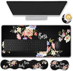 Mouse Pad Set,(31.5×11.8 in) Desk Pad + Keyboard Wrist Rest Support + Mouse Wrist Rest + Coaster for Office,Home,Computer,Laptop - 4 Flower Boss Lady by FGDRFGRW