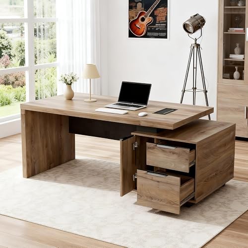 63“ Executive Office Desk with File Drawer, Modern Professional Desk with Cable Management Box, Office Desk with Storage Cabinet & Privacy Panel, 1.8” Thick Desktop for Home Office (Mahogany, Right) - Image 3