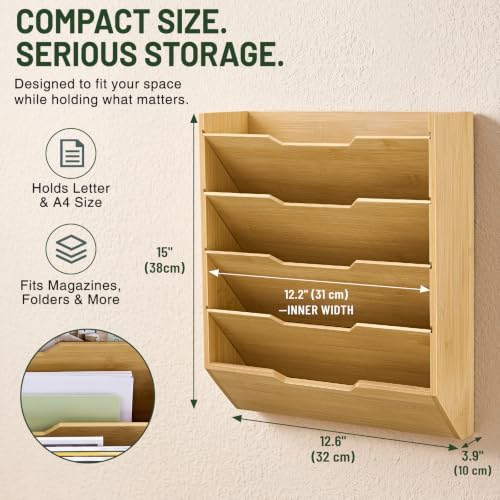 Yeaqee Hanging Wall File Organizer 15" x 12.6" x 3.9" Natural Bamboo 5 Tier - Image 2