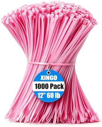 XINGO 1000 PCS Pink Zip Ties 12 Inch, 60 LBS Tensile Strength, Self-Locking Nylon Plastic Nylon PA66 Wire Ties for Indoor and Outdoor Use by XINGO