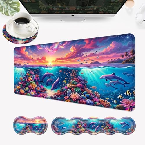 Desk Mat, Mouse Pad with Wrist Rest, 4-in-1 Large Mouse Pads for Desk, Ergonomic Mouse Pad and Keyboard Wrist Rest Gaming Keyboard Mat for Office,Dolphin Coral Sunshine by EFGWSDER
