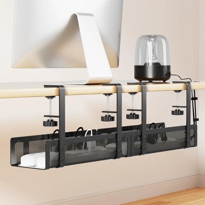 [Upgraded] 2 Pack Cable Management Under Desk Tray, Xpatee 27.6" No Drill Open Slots Cable Management Tray, Cord Wire Organizer Box with Clamp for Table Thickness up to 3" - No Desk Damage(Black) by Xpatee