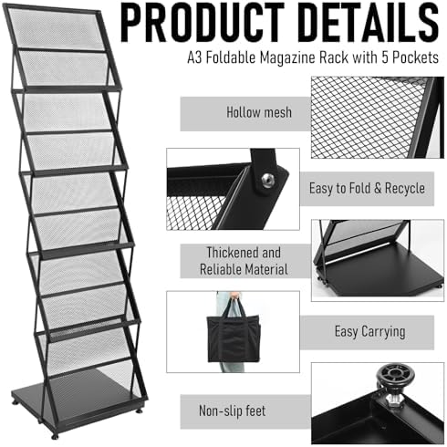 AmazingSpark Brochure Display Stand Foldable Magazine Rack Portable Double A4 Size Literature Brochure Holder Magazine Rack Metal 10 Pockets with Carrying Bag for Trade Show Exhibition Office(5-Tier) - Image 3