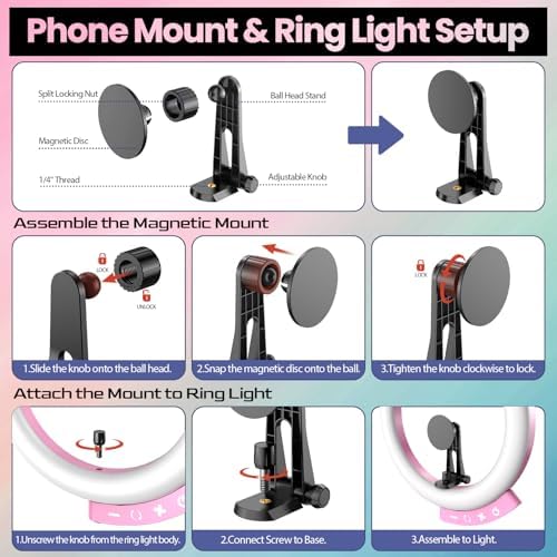 UBeesize 12'' LED Ring Light with 62'' Tripod Stand and Magnetic Phone Holder, Selfie Ring Light for Video Recording, Live Streaming, Compatible with iPhone & Android (Pink), 12-in (Pack of 5) - Image 3