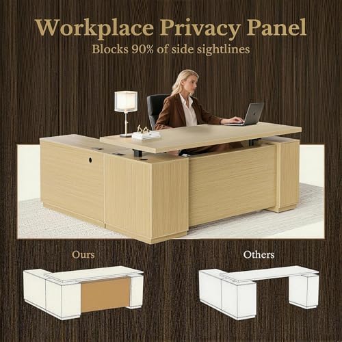 70 Inches L Shaped Executive Standing Desk, Electric Height Adjustable Desk with File Cabinet, Computer Corner Table with AC/USB and Privacy Panel for Home and Office, Light Walnut - Image 4