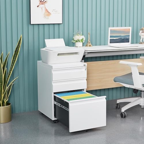 Guizeeopo 3 Drawer File Cabinet with Lock, File Cabinets for Home Office,Under Desk Cabinet, Locking File Cabinet for A4/Letter/Legal, Fully Assembled Expect Casters, Matte White - Image 2