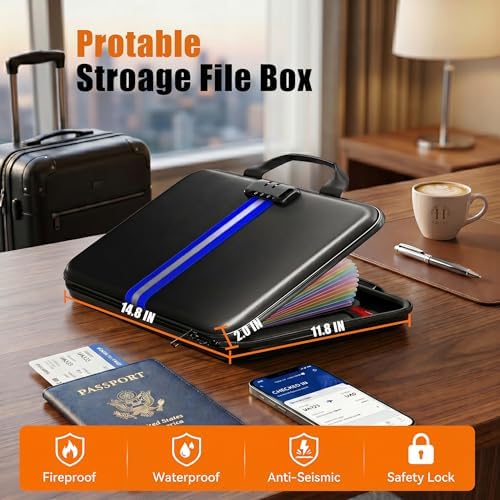 Fireproof Document Organizer with Lock, Semi-Rigid EVA Shell File Box with 13-Pocket Accordion Folder, Water-Resistant Storage for Important Documents, Passports & Certificates - Image 6
