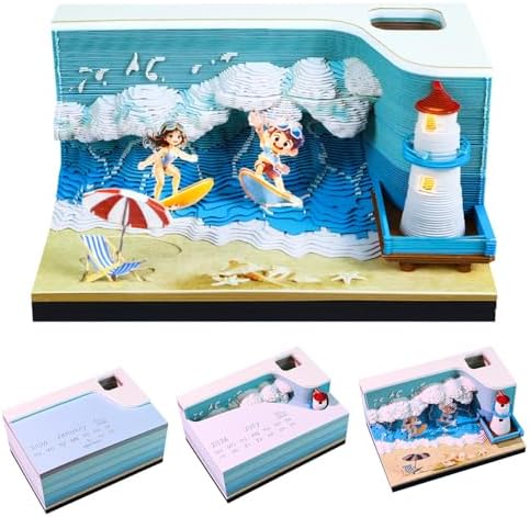 3D Memo Pad, 3D Calendar 2027, Time Piece Calendar, Tear-Off Calendars 2027, 3D Paper Carving Art Memo Pad, Art Carving Sticky Notes for Office Home Gifts Ornaments (Surfing) by JCSY