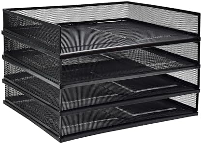 A3 Metal Letter Tray, 2pcs/4pcs/6pcs, Stackable Paper Tray, Metal Mesh Desktop Organizer, File Document Storage Rack for Home, Office, School, Black/White, Horizontal/Vertical (4, Horizontal,Black) by Unknown