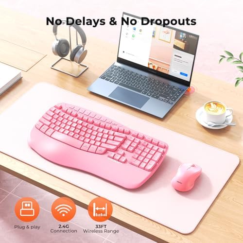MEETION Wave Ergonomic Keyboard and Mouse Combo with Wrist Rest, Pink - Image 5