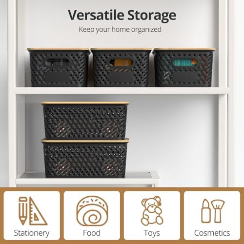 Plastic Storage Bins with Bamboo Lids, Stackable Small Box Baskets for Organizing and Containers for Shelves Drawers Desktop Closet Pantry Classroom Office Home, 6 Pack 10.2x7.2x4.1 Inch, Black - Image 6