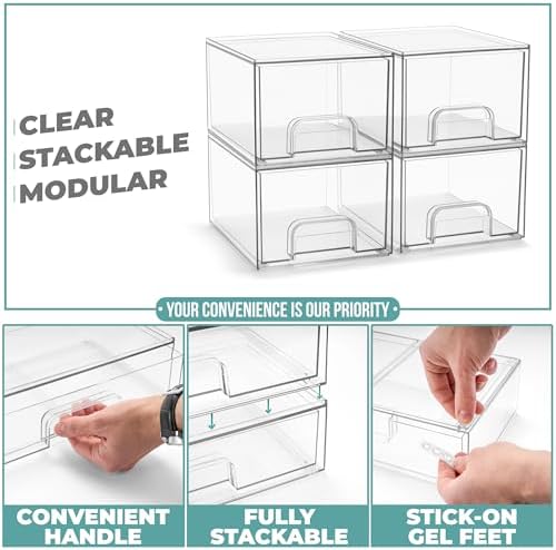 Sorbus Clear Stackable Storage Drawers (4 Pack, 4.4'' Tall) - Image 5