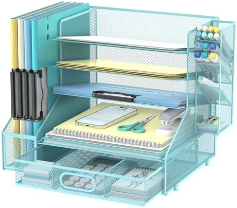 5-Tier Desk Organizer with File Holder & Pen Holder & Sliding Drawer, Blue by DALTACK