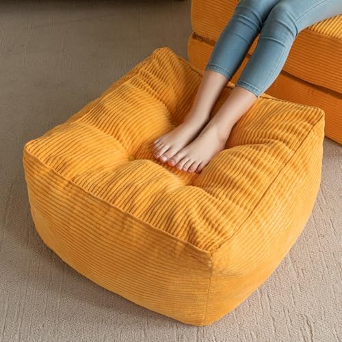 HIGOGOGO Square Stuffed Pouf Ottoman, Corduroy Poufs with Foam Chunk Filling, Furry and Fluffy Pouf Foot Stool Storage Ottoman, 21 X 21 Floor Poufs Foot Rest for Living Room, Orange by HIGOGOGO