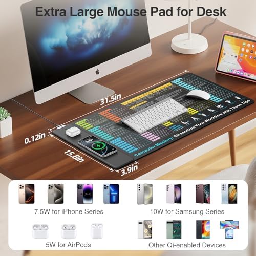 Wireless Charging Mouse Pad, 31.5"x15.8" Big Excel Cheat Sheet Desk Pad - Image 3