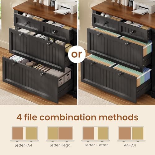 SEDETA 4 Drawers File Cabinet, 33" Farmhouse Filing Cabinets for Home Office fit Legal/Letter/A4 File, Wood Office File Cabinet with Power Outlets, Printer Stand with Storage, Black+Brown - Image 4