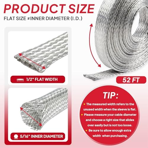 1/2" Wide Tinned Copper Braided Metal Wire Shielding Sleeve Ground Strap Automotive Flat Mesh Flexible Expandable Sheath (12mm ID-52ft) - Image 2
