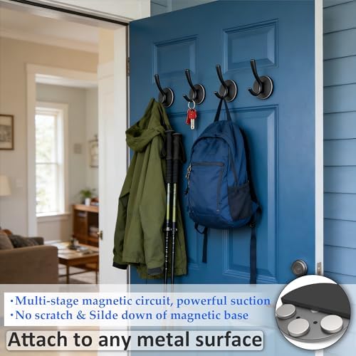 ULIBERMAGNET Strong Magnetic Double Hooks, 4 Pack Heavy Duty Sturdy Coat Magnetic Hooks, Rubber Magnets Large Hooks for Coat Robe Towel Key Hat (Black) - Image 4