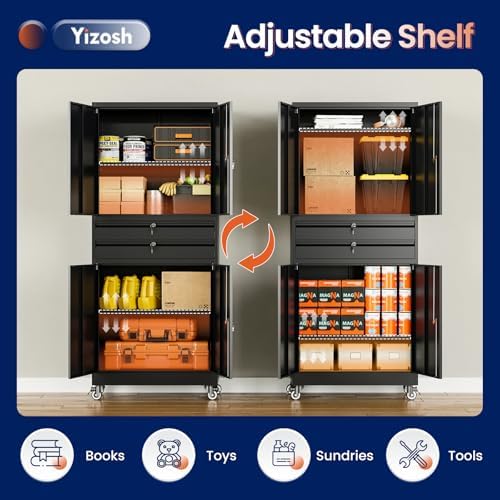 Yizosh Metal Garage Storage Cabinet with Locking Doors and Adjustable Shelves, 74" Rolling Tool Storage Cabinet with 4 Wheels and 2 Drawer for Garage,Warehouse - Image 5