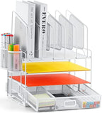 Marbrasse Desk Organizers, 4-Tier Mesh Desk File Organizer with 5 Vertical File Holders and 2 Pen Holders, Multifunction Desktop Organizer,Desk Organizers and Accessories for Home Office (White) by Marbrasse