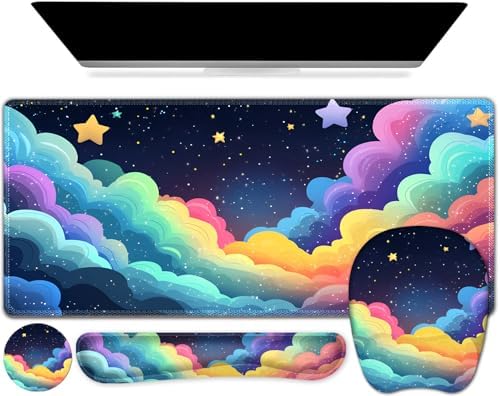 Mouse Pad with Wrist Support 4 in1 Set, XXL Big Game Mousepad + Keyboard Wrist Rest + Mouse Wrist Rest Pad +Coaster Gaming Mat for Home Office Work Computer Laptop I Colorful Clouds Starry Night by NXZGO