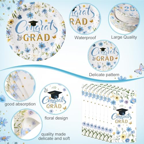 400 Pcs Class of 2026 Light Blue Graduation Decoration Floral for 50 Guests, Flower Blue Gold Graduation Paper Plates Napkins Cups Cutlery Grad Tableware for 2026 Congrats Grad Party Supply - Image 2