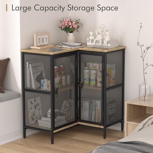 VECELO 3 Tier Corner Cabinet with Doors and Storage Shelves, Industrial TV Stand Multipurpose Free-Standing Table, for Small Space Living Room Home Office Kitchen, Oak Grey - Image 6