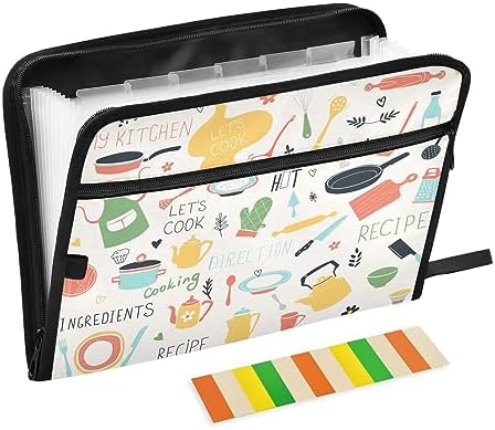13 Pockets Expanding File Folder with Zipper Closure, Kitchen Icon Sets Recipe Accordion File Folder with Sticky Labels, Letter Size A4 Papers Expandable File Document Organizer by Quteprint