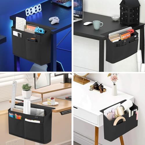 2 Pack Desk Side Hanging Organizer, Adhesive Storage Bag with Pockets for Magazine Ipad Notebook, for End Tables Home Office Desks Computer Workstations Dressing Table, Black - Image 2