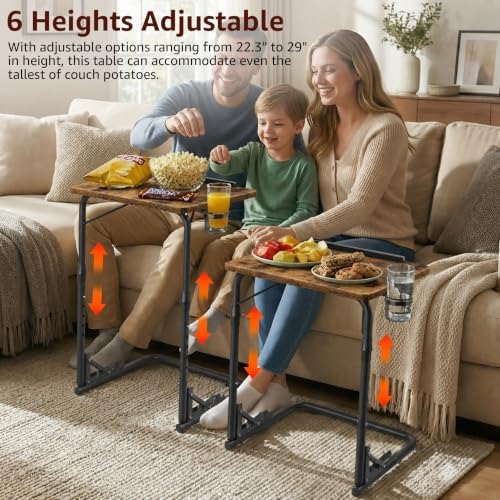 Folding TV Tray Table - Adjustable Height Sofa Rustic Side Table, Wooden Portable Trays for Eating On Couch, Laptop Stand with Cup Holder, C Shaped Foldable Desk - Image 5