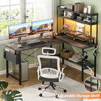 Aheaplus L Shaped Gaming Desk with Power Outlets & LED Lights, Black Oak - Image 5