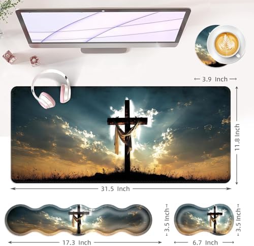 Large Keyboard Mouse Pad Set, Extended Mouse Pad+Keyboard Wrist Rest Support, Memory Foam Ergonomic Easy Typing, 4Pcs (31.5×11.8 in) Desk Pad Set for Office Home,Christian Cross - Image 6