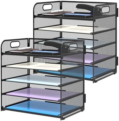 Supeasy 2 Pack 5-Tier Desk Organizer with Handle Mesh Desk File/Paper Organizer Letter Tray for Office, School, Classroom and Home Easy Installation, Black by SUPEASY