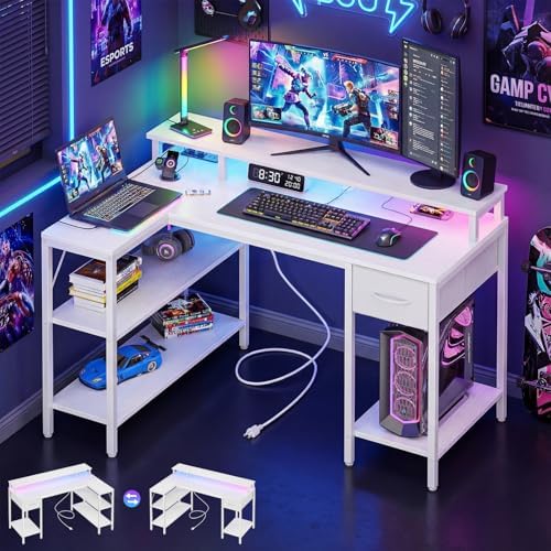 OLIXIS 53 Inch L Shaped Gaming Desk with LED Lights, Storage Shelves by OLIXIS