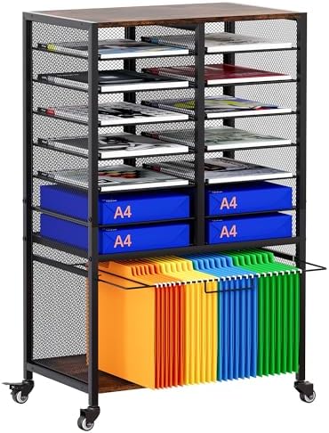 EasyPAG Rolling File Cart with 14 Slot Mail Organizer, Under Desk Storage with Hanging File Rack for Letter/Legal Folders, Mobile Filing Cabinet Printer Stand for Office Home Classroom, Black by EasyPAG