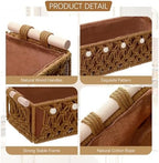 Vesici 4 Pcs Rustic Brown Macrame Storage Basket for Shelves 13 in 11 in Boho Basket Hand Woven Boxes with Wood Handles Beads Decorative Countertop Toilet Tank Cabinet Organizer for Home Room Decor - Image 3