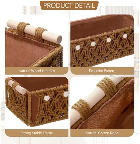 Vesici 4 Pcs Rustic Brown Macrame Storage Basket for Shelves 13 in 11 in Boho Basket Hand Woven Boxes with Wood Handles Beads Decorative Countertop Toilet Tank Cabinet Organizer for Home Room Decor - Image 3