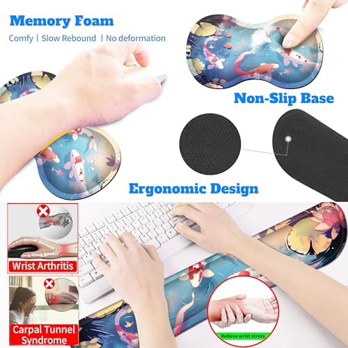 4-Piece Extended Large Mouse Pad Set for Women Men with Colorful Koi Design Includes 35.4 x 15.7 XXL Large Mouse Pad Keyboard Wrist Rest Mouse Wrist Support and Coaster for Office Home - Image 6