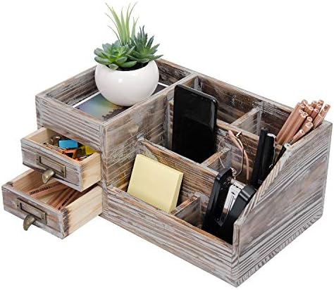 Liry Products Rustic Torched Wooden Desktop Organizer Dark Brown Tabletop Storage Cabinet Stepped Rack Multiple Compartments 2 Tier Drawers Makeup Accessory Sorter Display Box Home Office Supplies by EXOLIRY