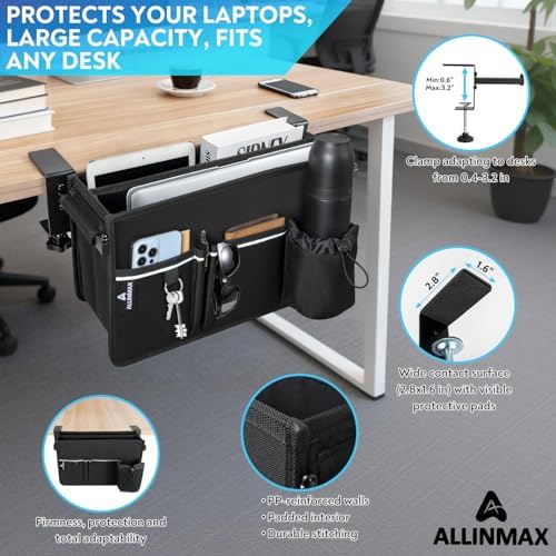 Side Desk Laptop Holder for Up to 3 Laptops, Side Desk Organizer with Adjustable Divider & Bottle Pocket, Soft-Lined Interior, Clamp Mount Side Desk Storage, Fits 0.6″-3.2″ Flat Edge - Image 3