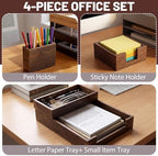 4 Pack Wood Office Supplies Desk Organizer Set for Front-load Documents Tray, Sticky Note Holder, Pen Cup, Stackable Small Letter Mail Sorter Tray, Workspace Decor for Women Men (Brown) - Image 3