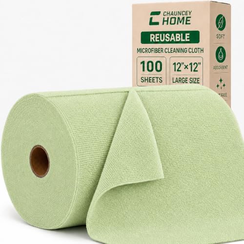 Reusable Microfiber Cleaning Cloth Roll - 100 Pack, 12"x12" Washable Tear-Away Paper Towels, Lint-Free & Streak-Free Rags for Kitchen, Glass, Cars, Electronics, Workshop and Garage(Bean Green) by CHAUNCEYHOME